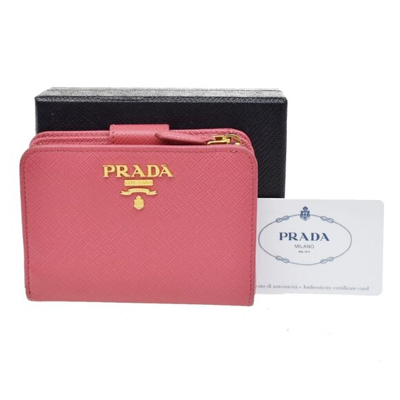 PRADA Logo Compact Bifold Wallet Purse Saffiano Leather Pink Peonia GHW - Picture 1 of 14